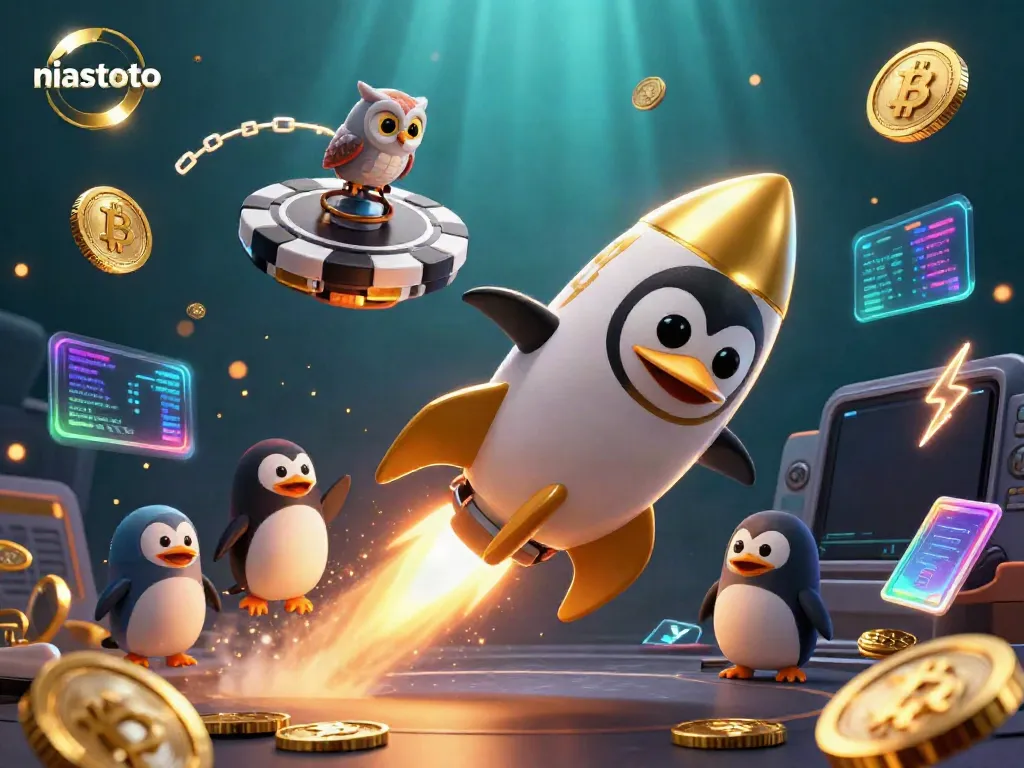 Menangkan taruhan di casino dengan niastoto, roket penguin emas terbang dan koin mengalir.