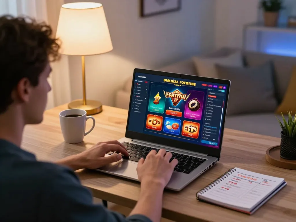 Pengguna LGO99 mengalami perjudian online dengan antarmuka laptop di lingkungan rumah yang nyaman.
