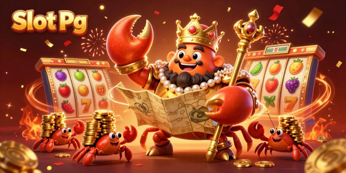 Engage with Slot Pg action featuring vibrant 3D slot reels, golden crab emperor, and festive casino elements.