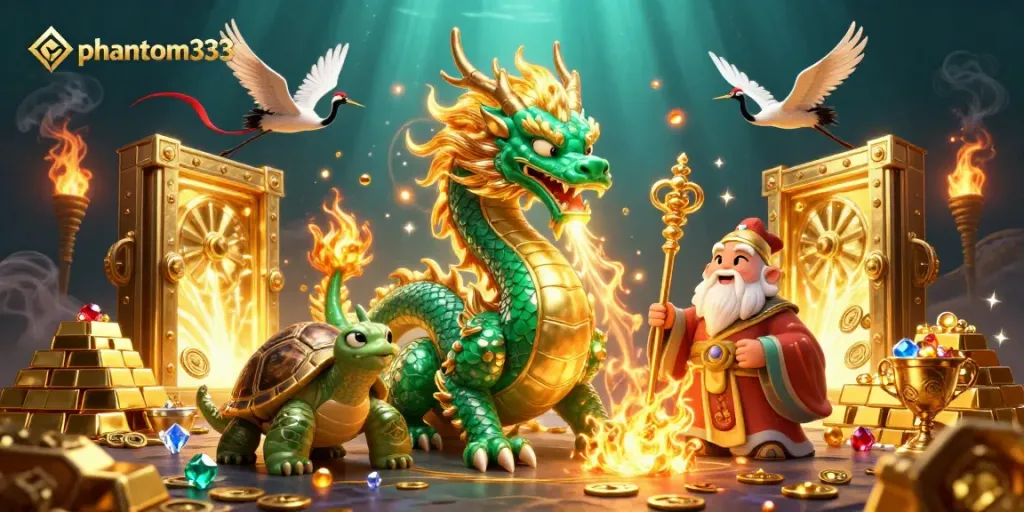 Experience thrilling games at phantom333 with a majestic dragon and treasures overflowing.