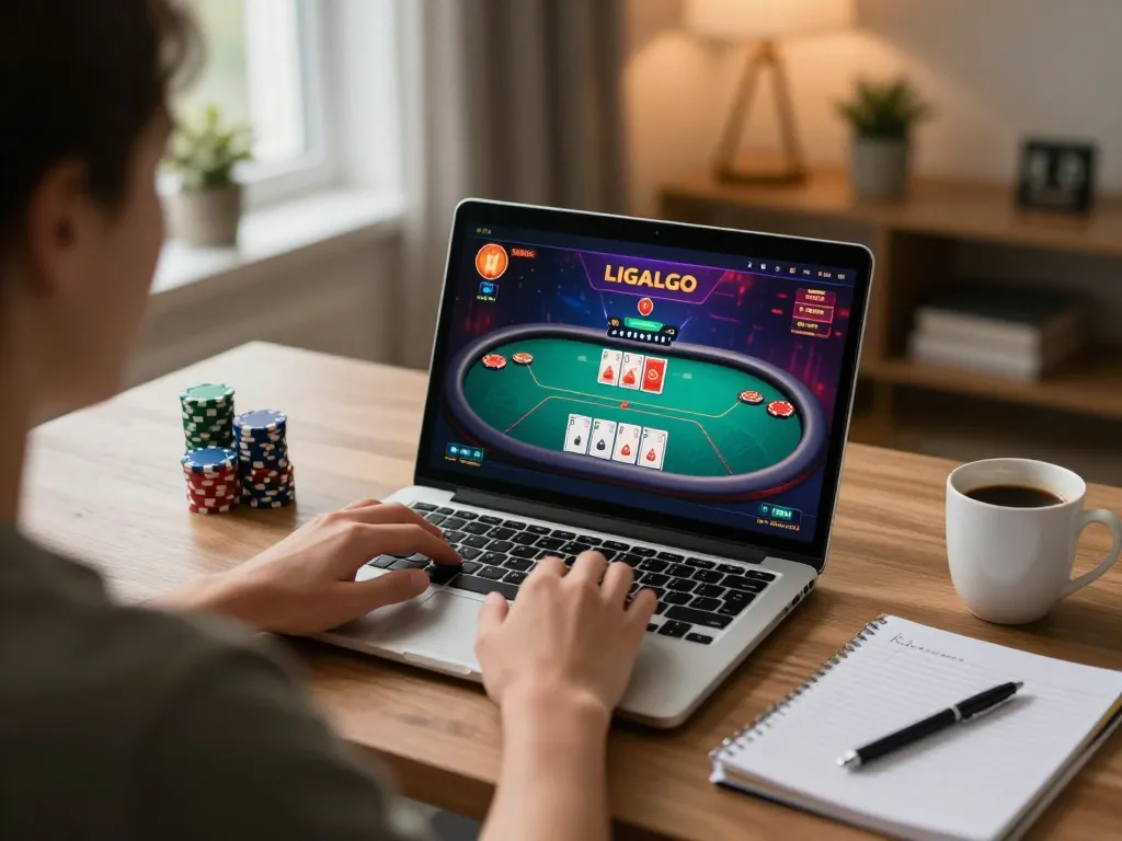 LIGALGO online gaming session showing player engaged with poker game on laptop at home