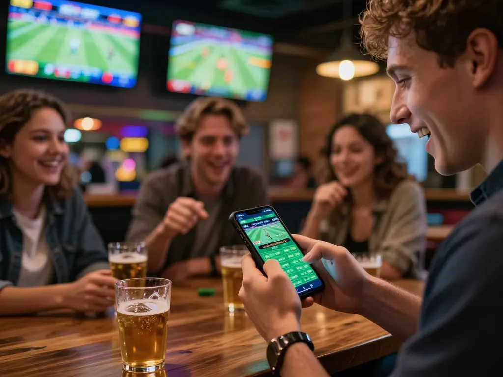 Experience the thrill of sports betting on uu88 with friends in a lively bar setting.