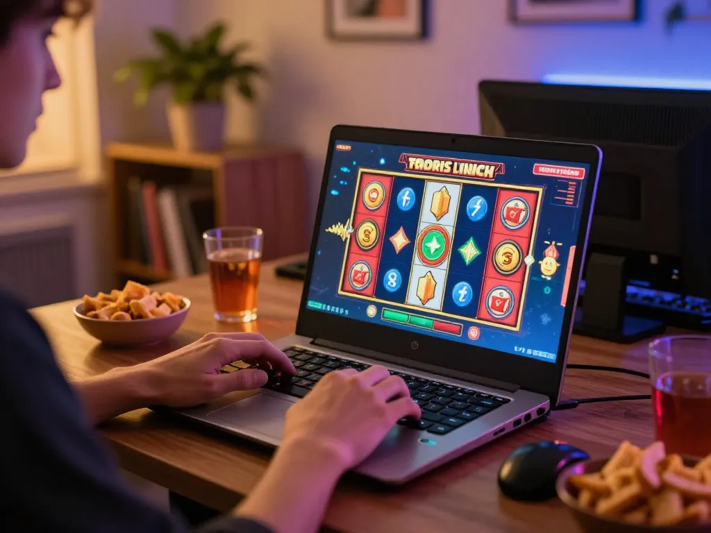 Player spins colorful slot machines on laptop during an exciting home gaming session.