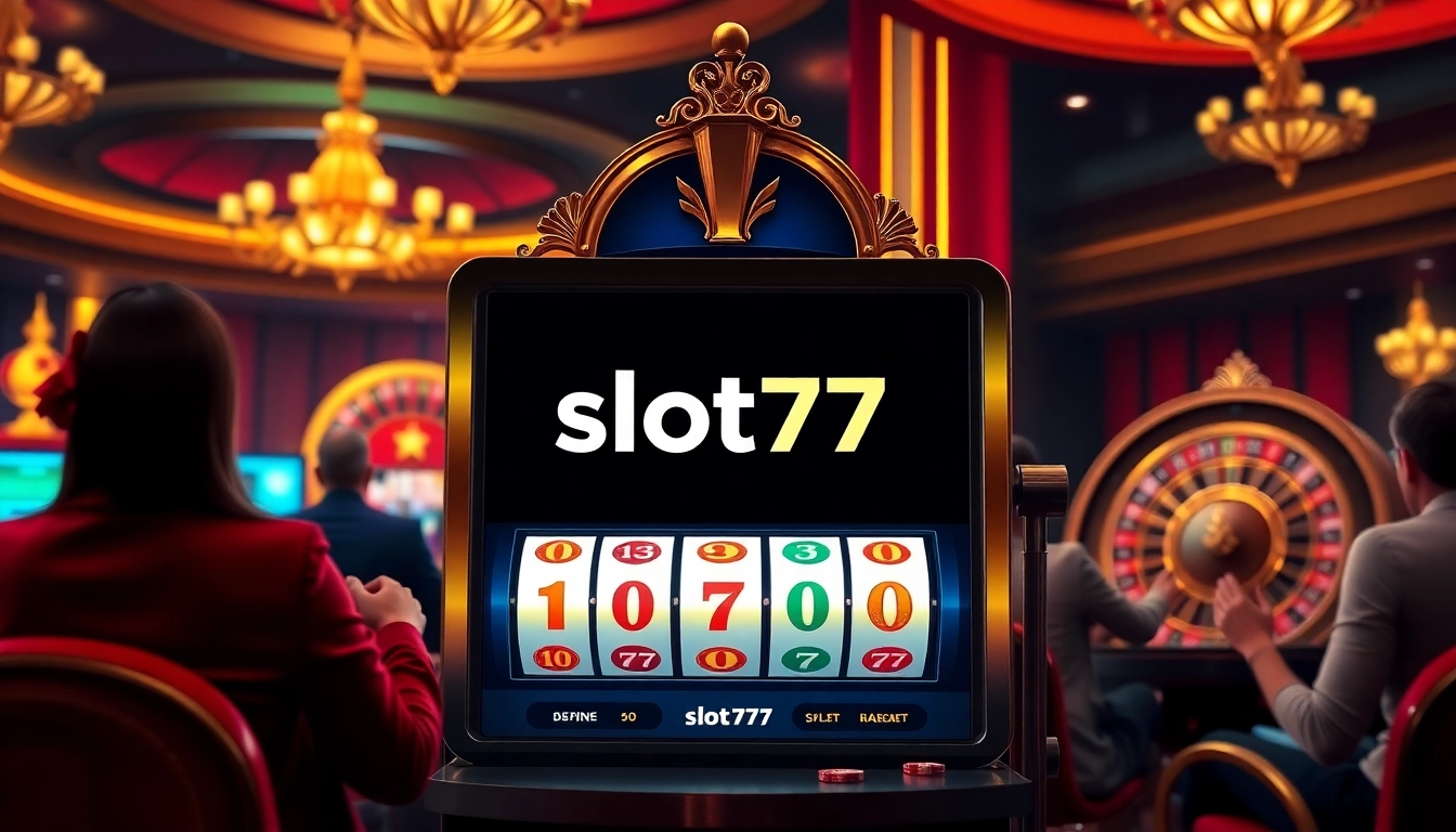 Slot777 login showcasing players excitedly engaging with a luxurious slot machine in an elegant casino setting.