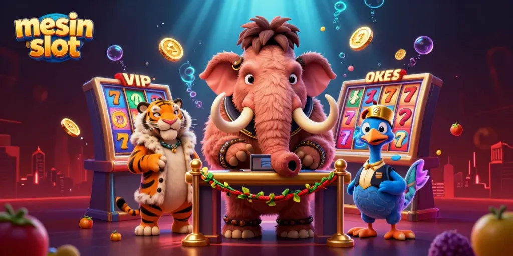 Experience vibrant mesin slot action with characters alongside sparkling slot reels and bright jackpot lights.