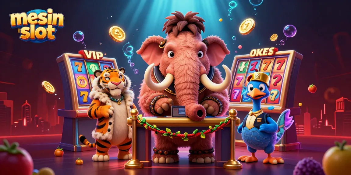 Experience vibrant mesin slot action with characters alongside sparkling slot reels and bright jackpot lights.