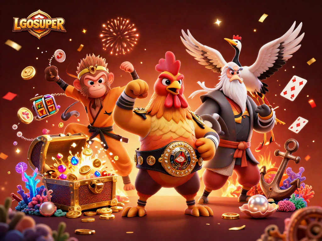 Experience LGOSUPER's vibrant casino scene with characters celebrating amidst slot machines and treasure chests.