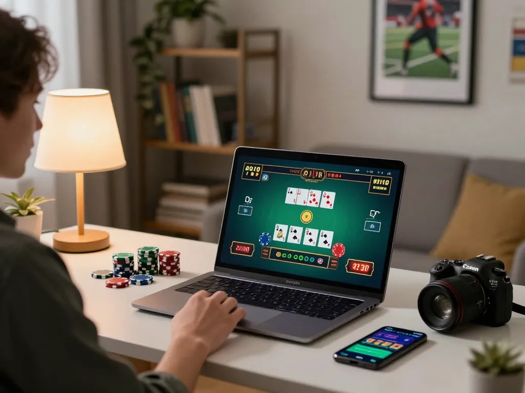 Player engaging in online blackjack game at home with OK9 gambling app displayed on the laptop screen.