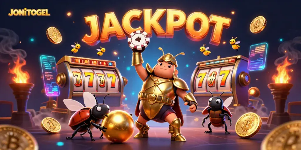 Engage with JONITOGEL's thrilling gaming scene featuring vibrant characters celebrating a massive jackpot.