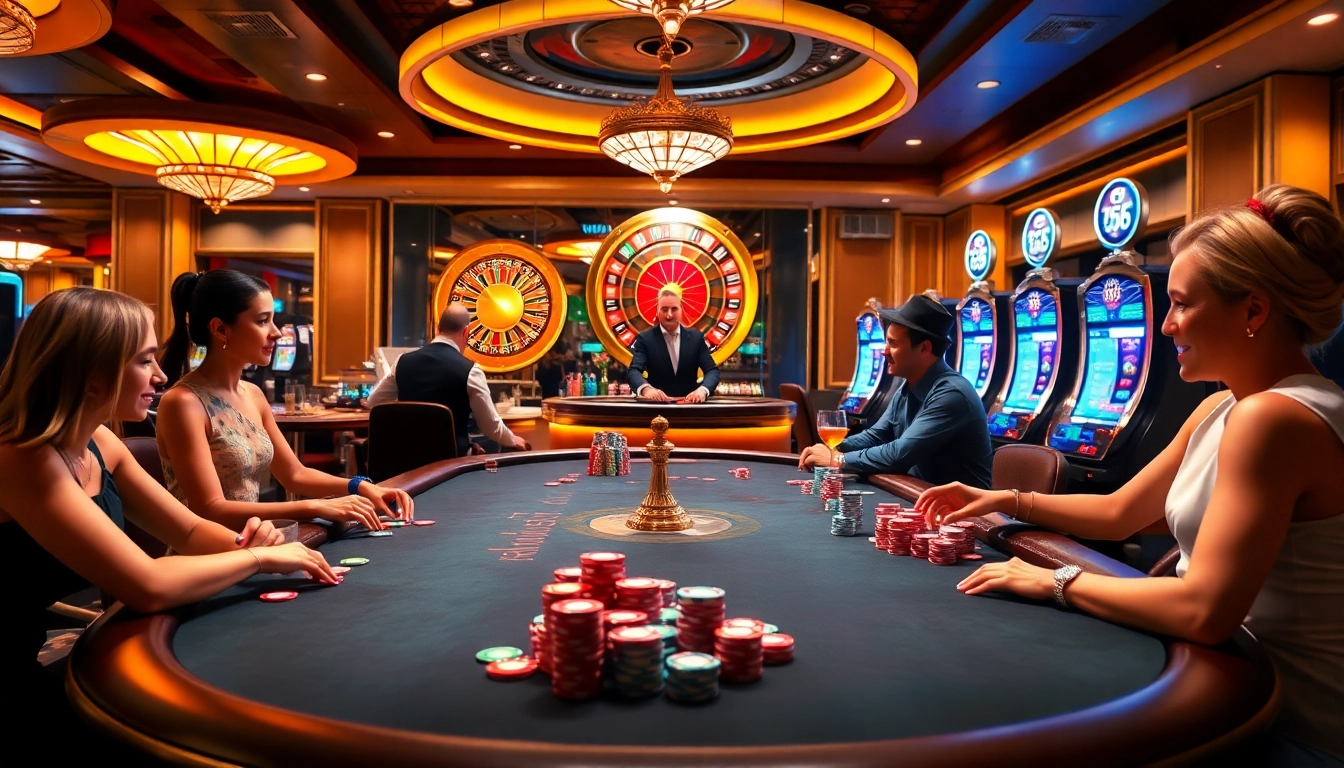 Experience the thrill of gambling with a lively poker game at https://xx88tv.com/, showcasing vibrant chips and a roulette wheel.