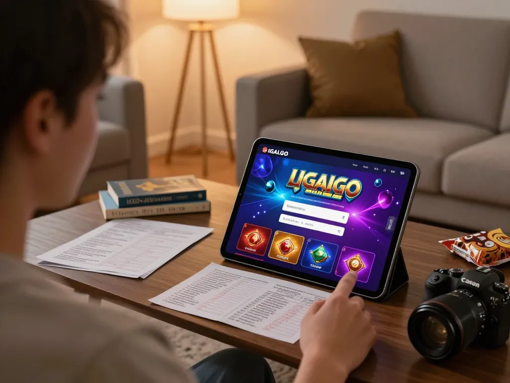 LIGALGO LOGIN interface shown on a tablet during an exciting online gambling session in a cozy home setting.