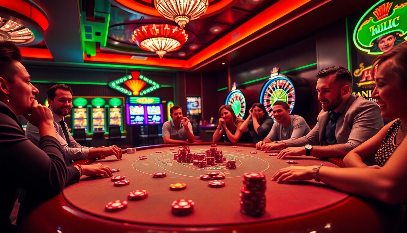 Excited players enjoying a poker game at https://89bet.green/, surrounded by vibrant slot machines and roulette wheel.