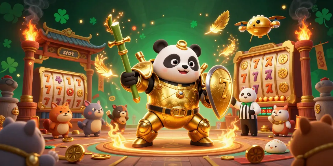 Engage with exciting slot gameplay showcased in a vibrant 3D illustration featuring a battle-ready panda in a dynamic casino arena.