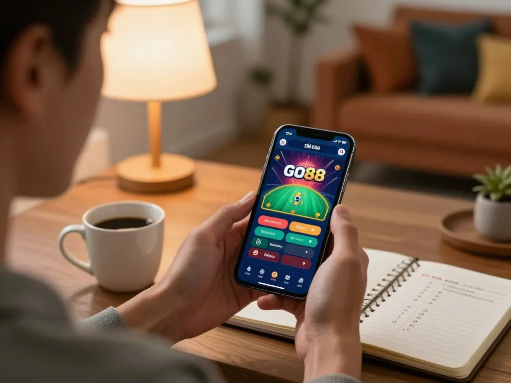 TẢI GO88 mobile app on smartphone showing live gameplay in a cozy home setting.