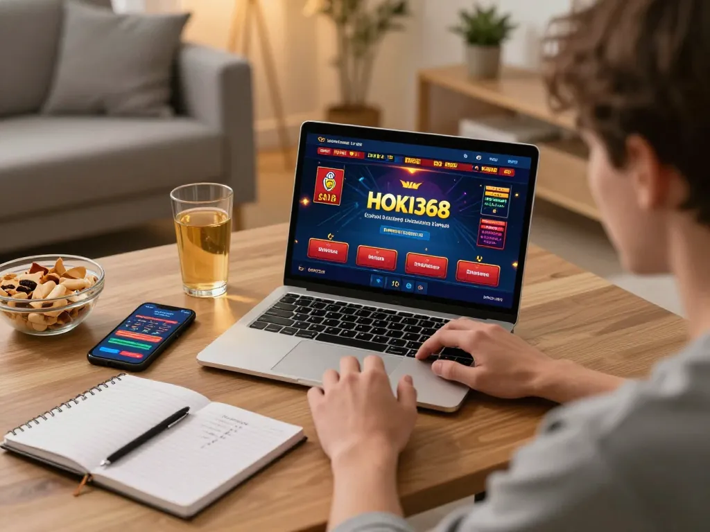 Berinteraksi dengan antarmuka permainan online HOKI368 yang menarik dalam suasana rumah yang nyaman.