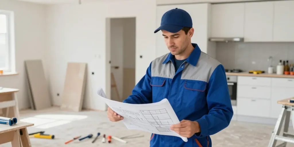 Local professional contractor examining plans at home renovation site for slot toto project.