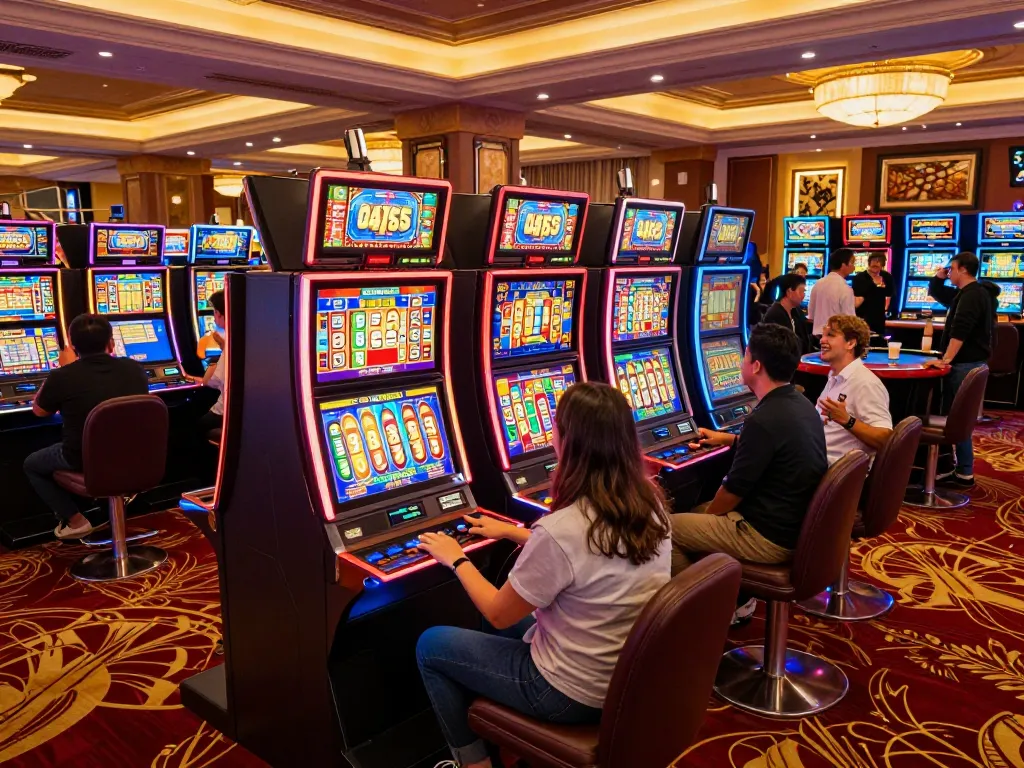 Players engaging with vivid toto slot machines in a lively casino atmosphere filled with excitement.