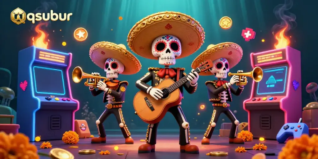 Engage with qqsubur’s vibrant 3D casino scene featuring lively mariachi characters and casino game elements.