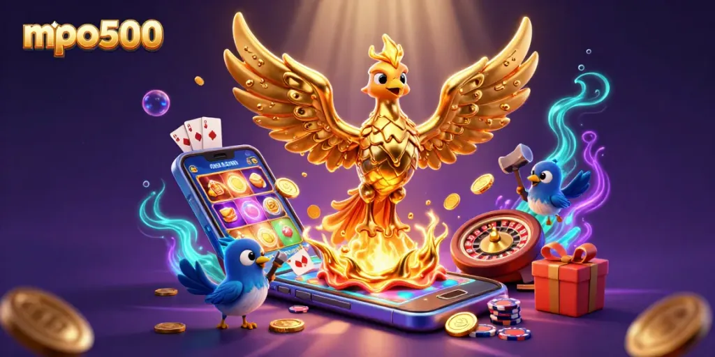 Menang dengan mpo500, ilustrasi 3D menarik tentang phoenix emas dan permainan slot.