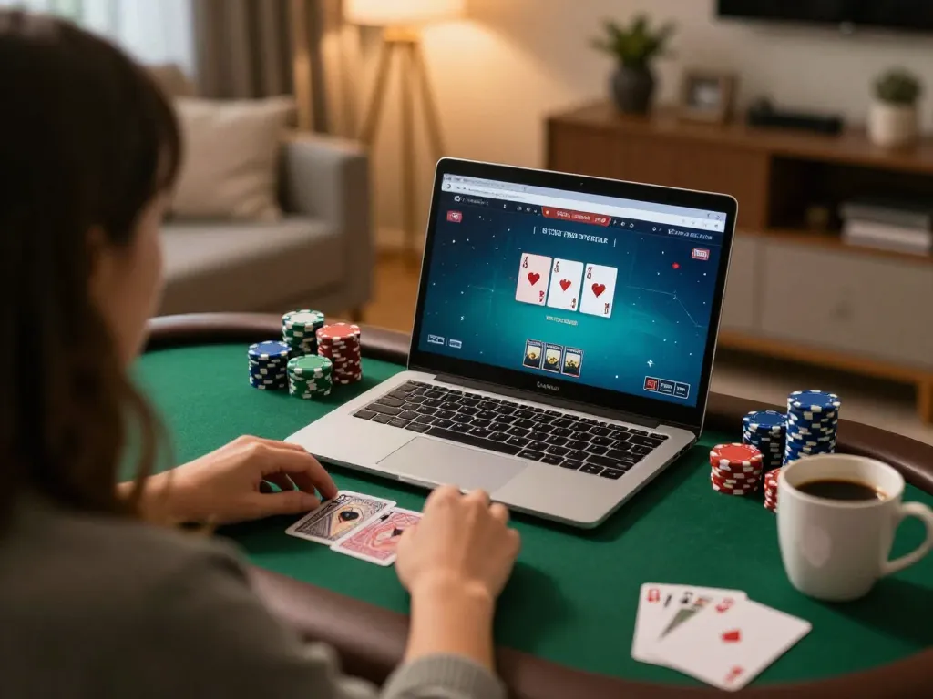 Player enjoying online poker on their laptop using luckywinz dev for a strategic gaming session.