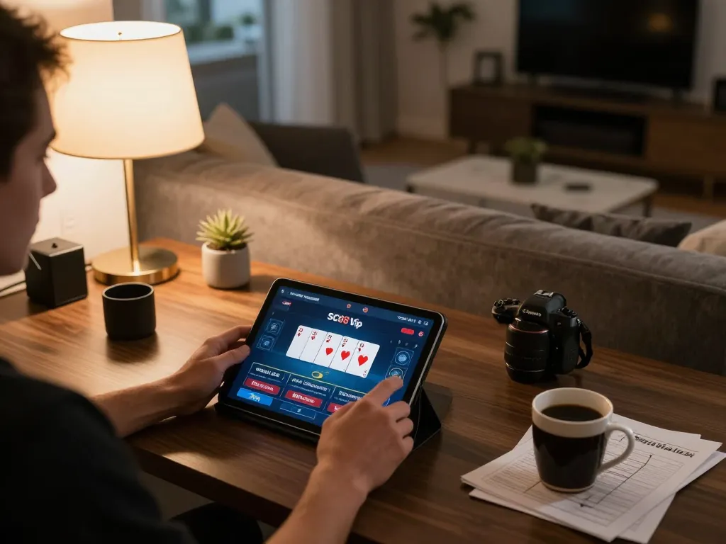 Engaging in SC88 Vip online gaming in a cozy home setting with strategy notes beside the tablet