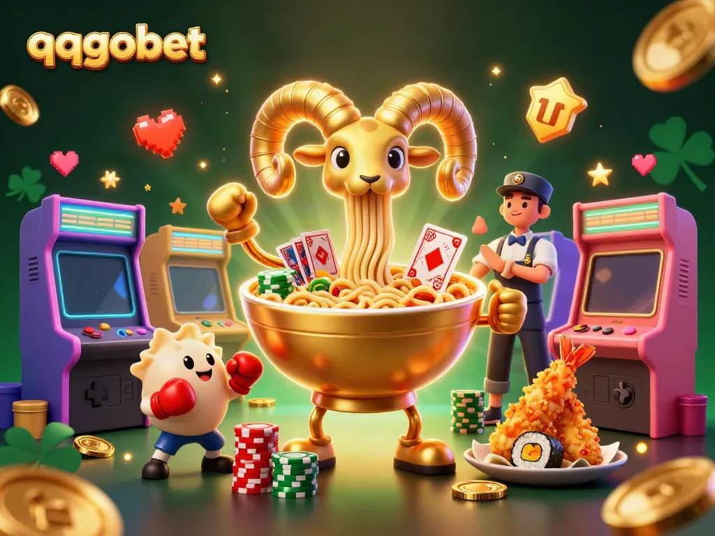 qqgobet promotes an energetic casino scene with a ramen bowl dealer and gaming elements.