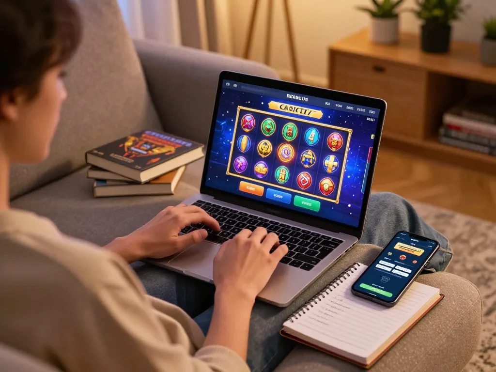 Engaging gameplay on KEONG178 with a player enjoying colorful slots on a laptop.