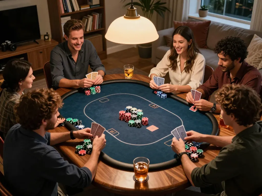 Engaged players enjoy an intense poker game at home, showcasing the vibrant atmosphere of gambling with alfa138.