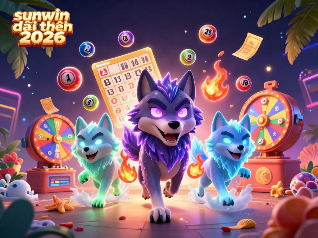 Experience the excitement of sunwin đổi thưởng 2026 with glowing wolves, colorful lottery balls, and vibrant game elements in this dynamic scene.