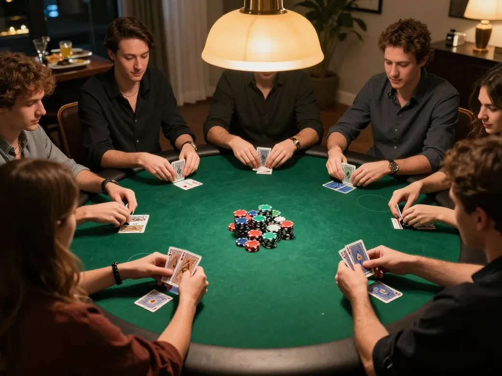 MPO08 players engaging in a friendly poker game at home, showcasing strategic gameplay and camaraderie.