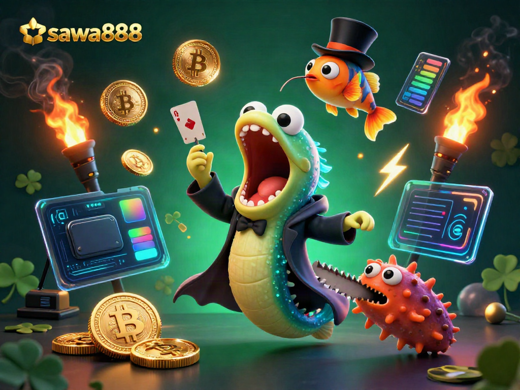 Engage with sawa888's thrilling underwater casino magic act featuring vibrant characters and crypto elements.