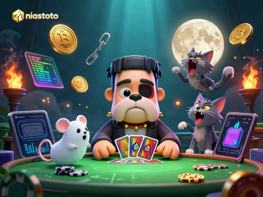 Mencoba keberuntungan di niastoto dengan karakter Frankenstein bulldog dan koin kripto mengelilingi meja permainan.