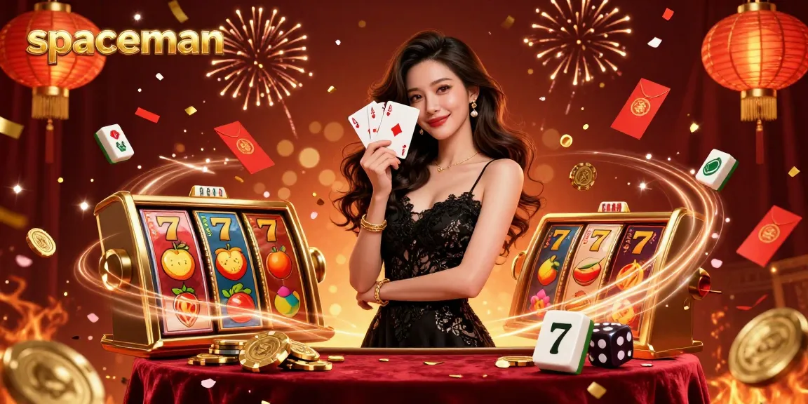 Experience winning excitement with spaceman-themed slot reels surrounded by vibrant casino elements.