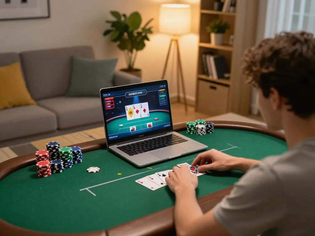 Player enjoying an online poker game featuring LGOGOAL in a cozy home setting.
