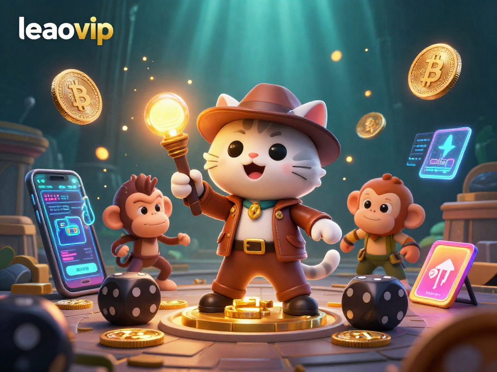 Melihat artefak kasino emas di LEAOVIP dengan kucing arkeolog, monyet, dan elemen crypto futuristik.