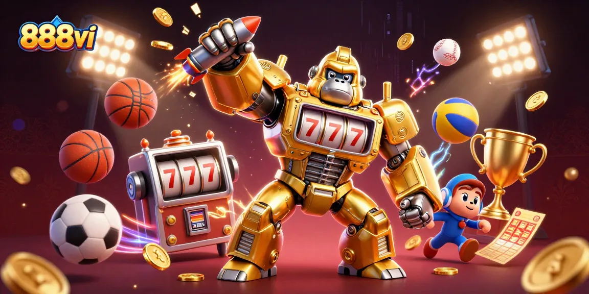 Experience thrilling gaming with 888vi: dynamic sports elements and a golden gorilla mech!