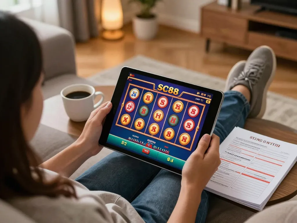 Engaging in online casino games at SC88, a player enjoys strategic gameplay on a tablet in a cozy home.