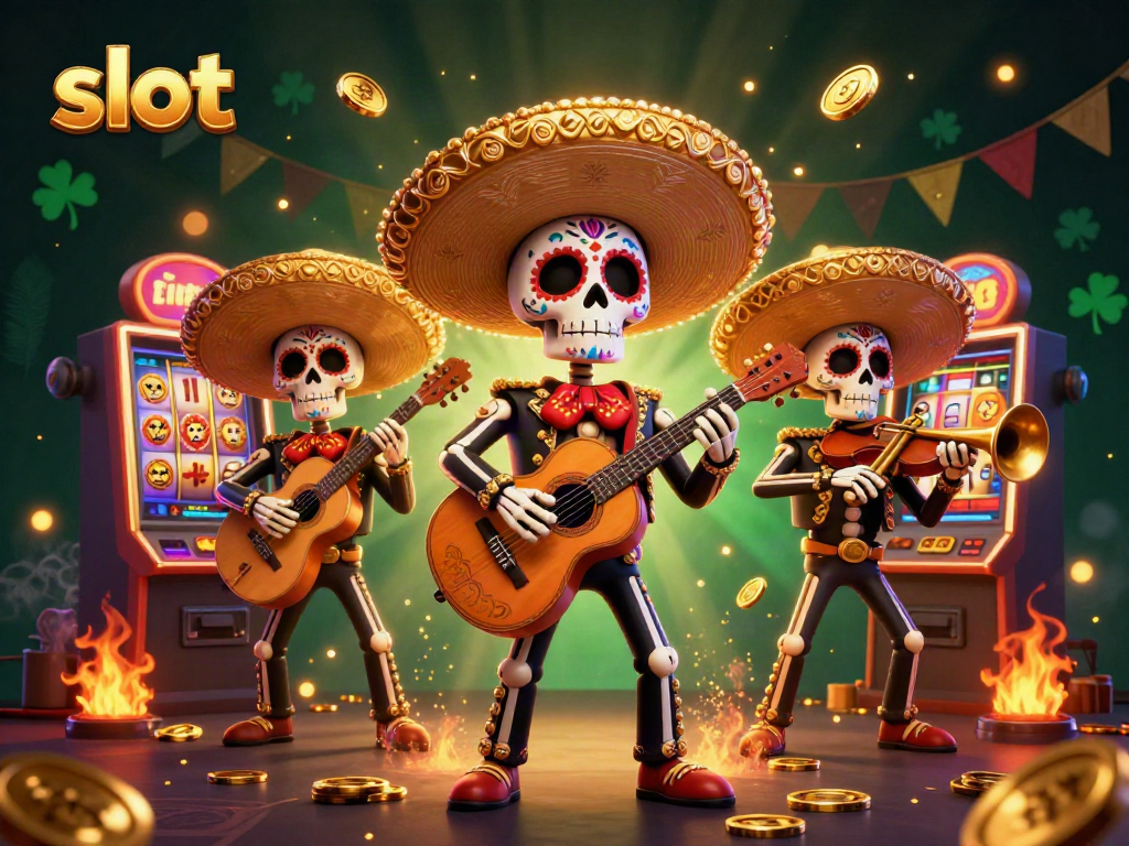 Slot permainan menarik dalam ilustrasi kartun 3D penuh warna dengan band mariachi scheleton dan simbol keberuntungan.