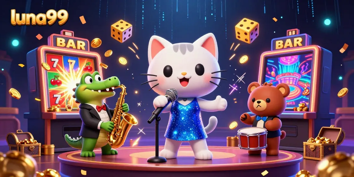 Ilustrasi kasino lucu yang menampilkan luna99 dengan mesin slot dan karakter kartun.