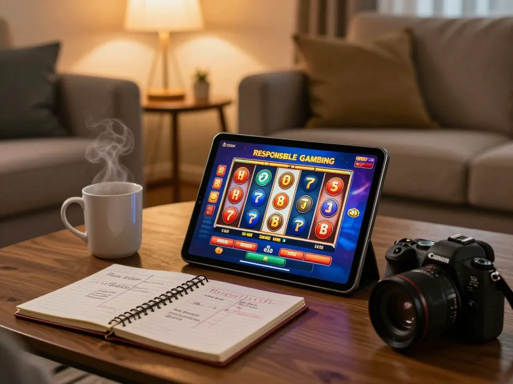 Player enjoying lv88 online slot game at home in a cozy setting with strategic notes.