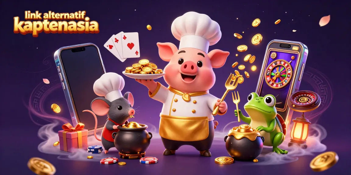 Gambar promosi link alternatif kaptenasia menampilkan karakter casino dalam skenario penuh emas dan warna cerah.