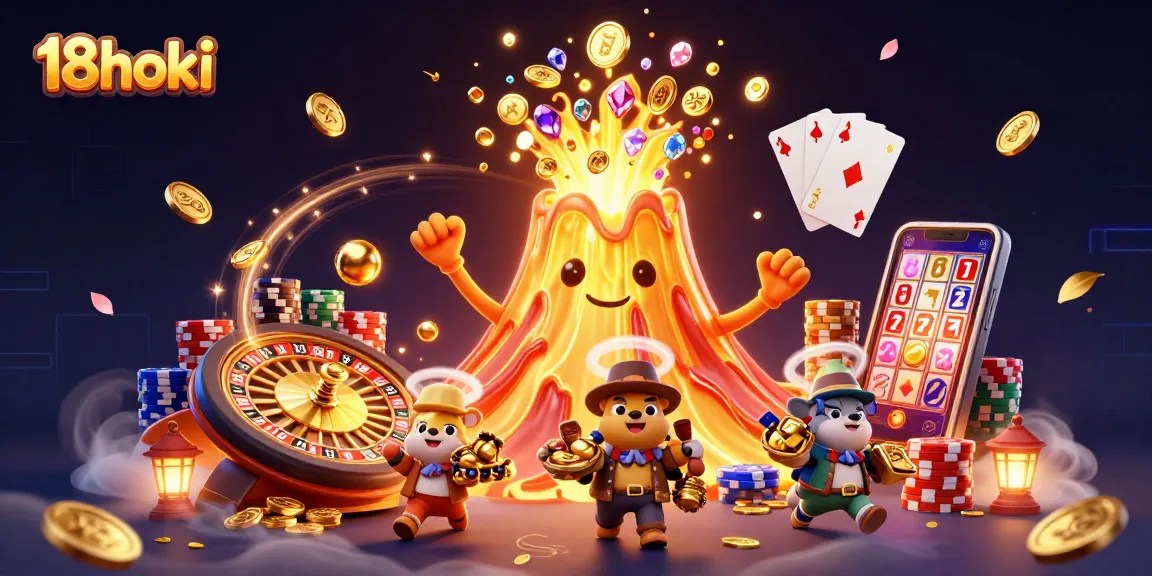 Experience thrilling wins with 18hoki's gaming features, showcasing gold coins and vibrant jackpots.