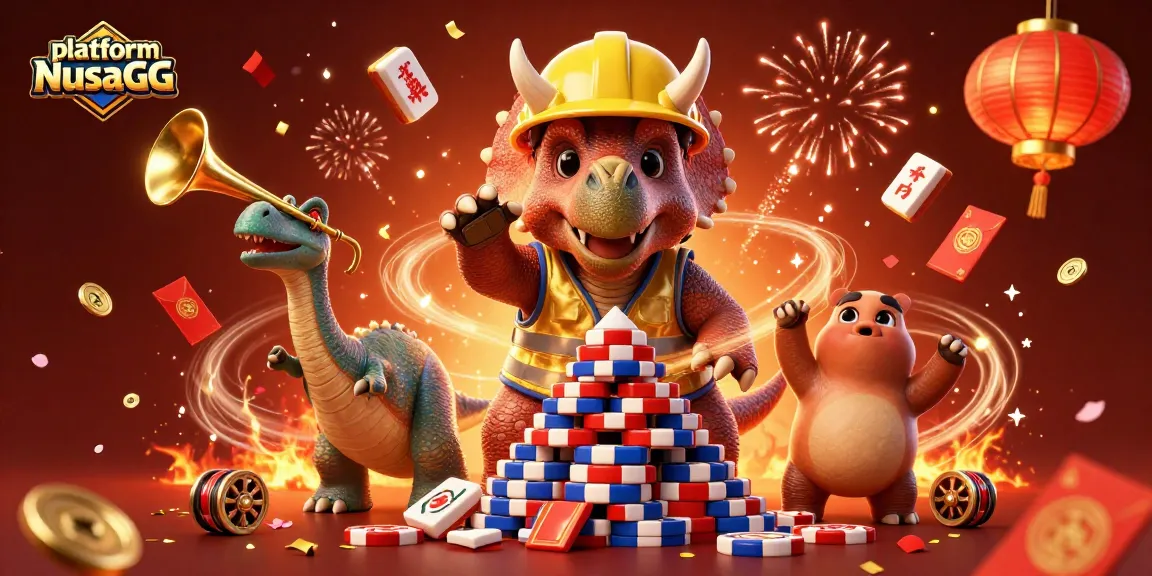 Celebrate winnings on the platform NusaGG with cheerful characters in an exciting casino scene.