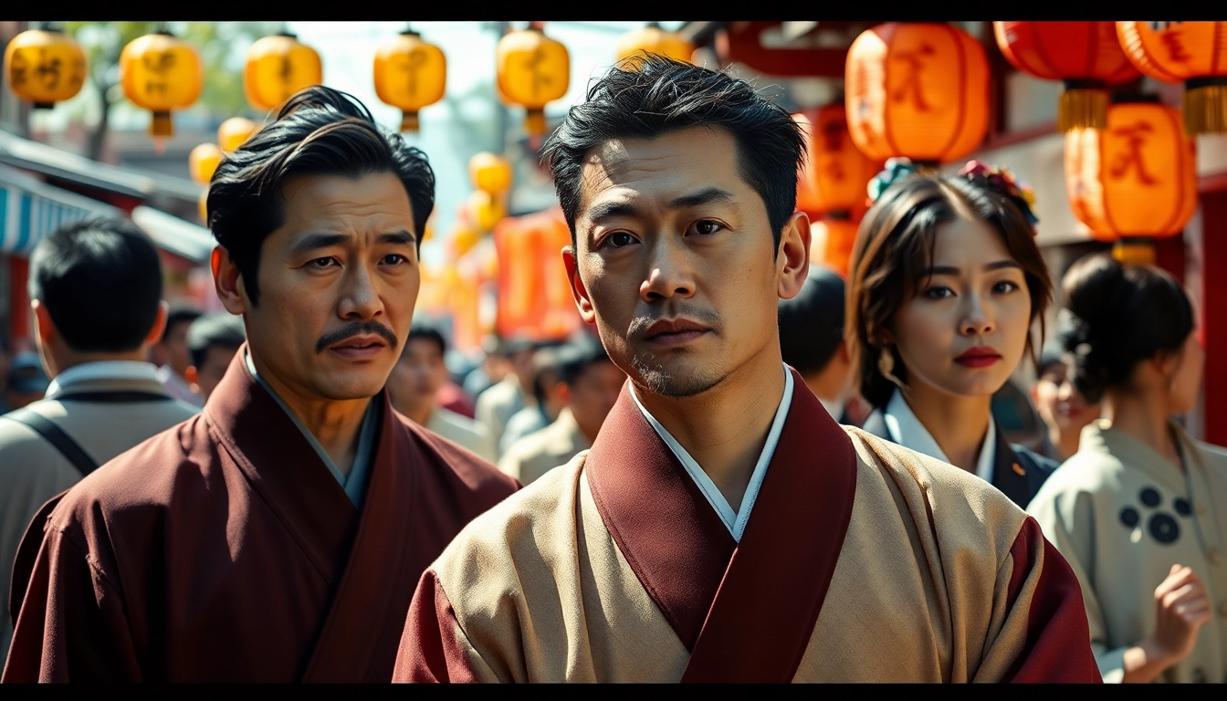Menggambarkan film jepang yang menampilkan aktor dalam kostum tradisional di festival yang meriah.