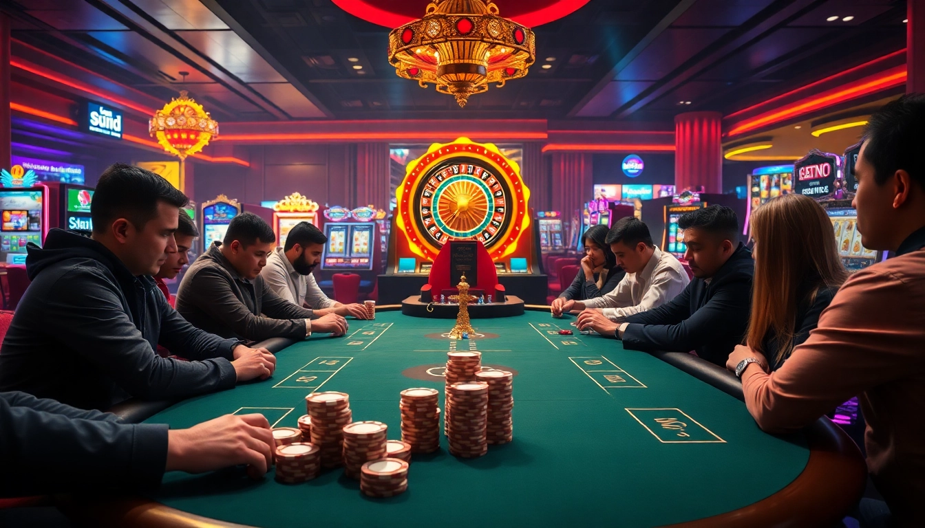 Players engaging with keo nha cai 5 at a glamorous casino poker table.