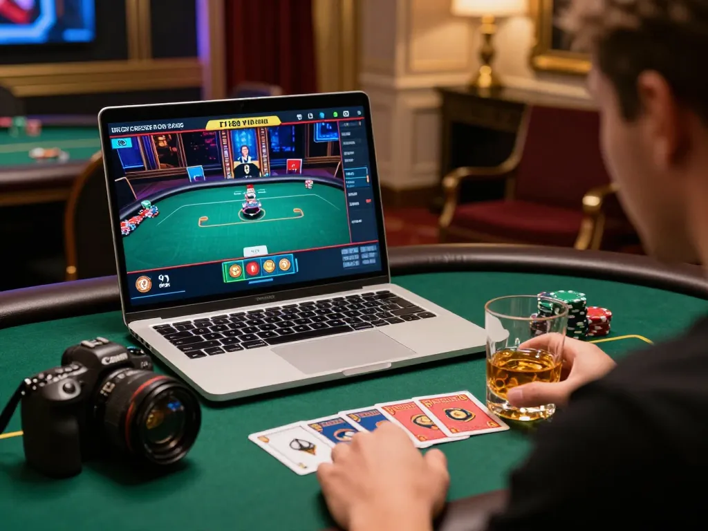 F168 VIP players enjoying a premium poker game on their laptop, showcasing luxury and strategic gameplay.