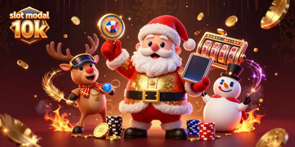 Slot modal 10k, Santa Claus dan teman-temannya dalam kasino meriah dengan slot jackpot.