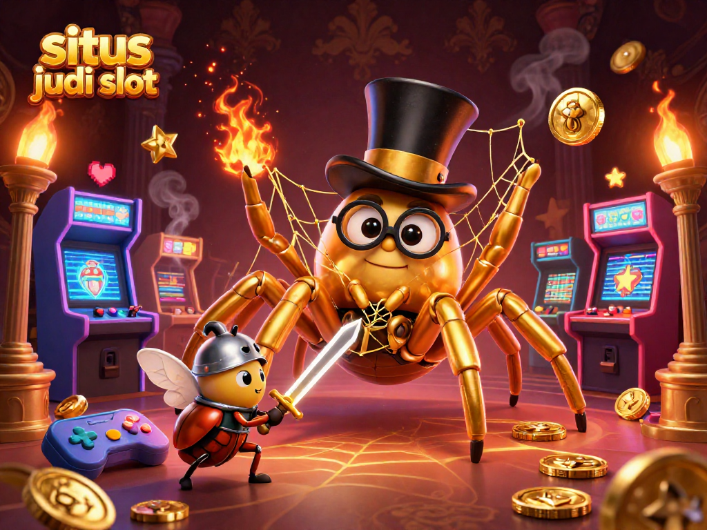 Permainan slot online yang menarik di situs judi slot, menampilkan laba-laba emas dan kesatria kecil dalam suasana kasino yang megah.