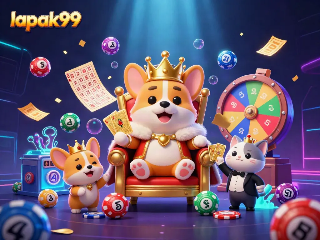 Experience thrilling games with lapak99 amidst colorful lottery elements and a royal corgi theme.
