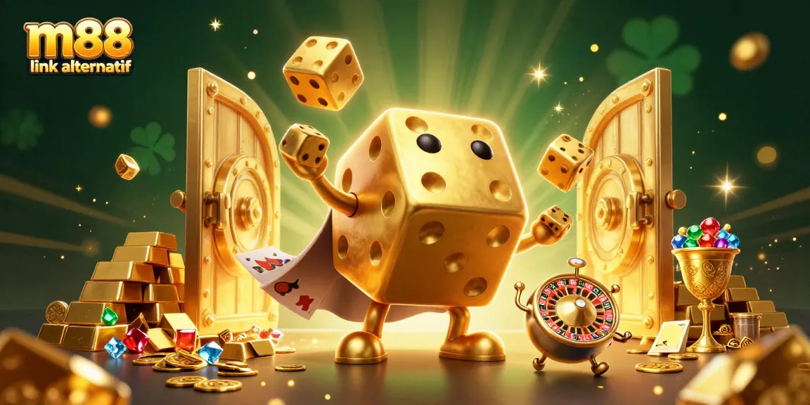 Engage with m88 link alternatif, a vibrant 3D casino scene featuring golden dice and jewels.